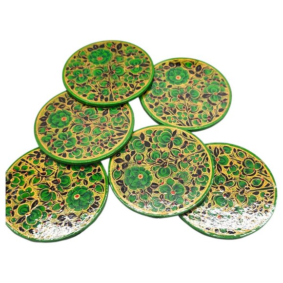 Paper Mache Green Floral Coaster Set Of 6 Storage Box Lacquered Hand Painted - Picture 3 of 15